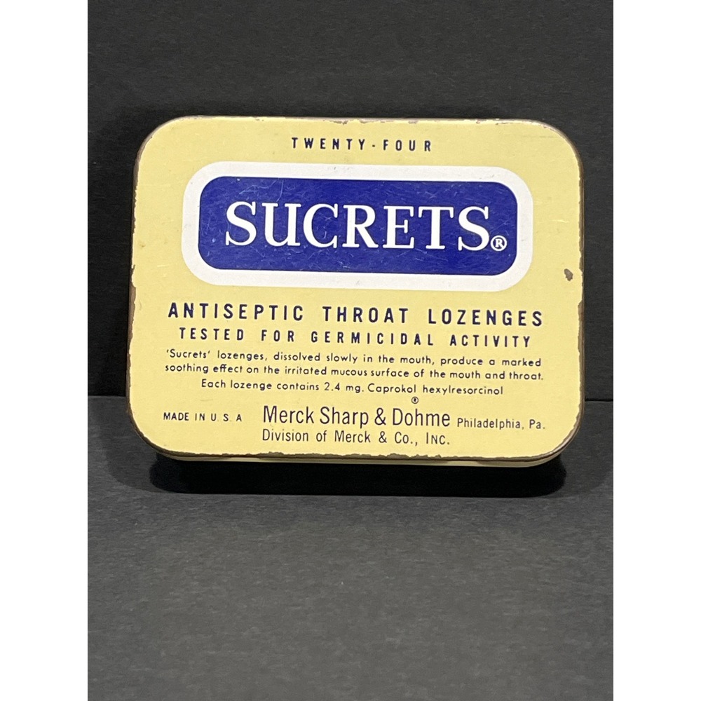 Vintage Sucrets Antiseptic Throat Lozenges Tin Merck Sharp & Dohme Blue Yellow